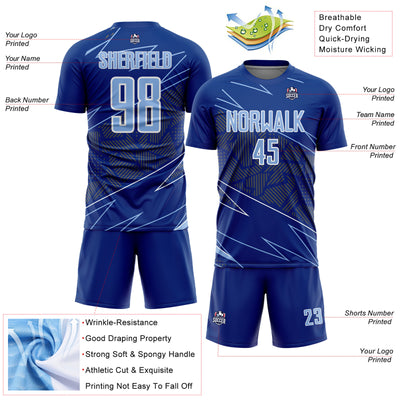 Custom Royal Light Blue-White Lines Sports Sublimation Soccer Uniform Jersey