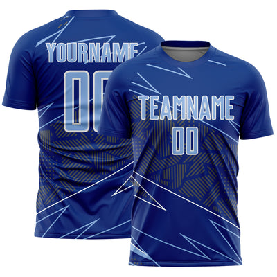 Custom Royal Light Blue-White Lines Sports Sublimation Soccer Uniform Jersey