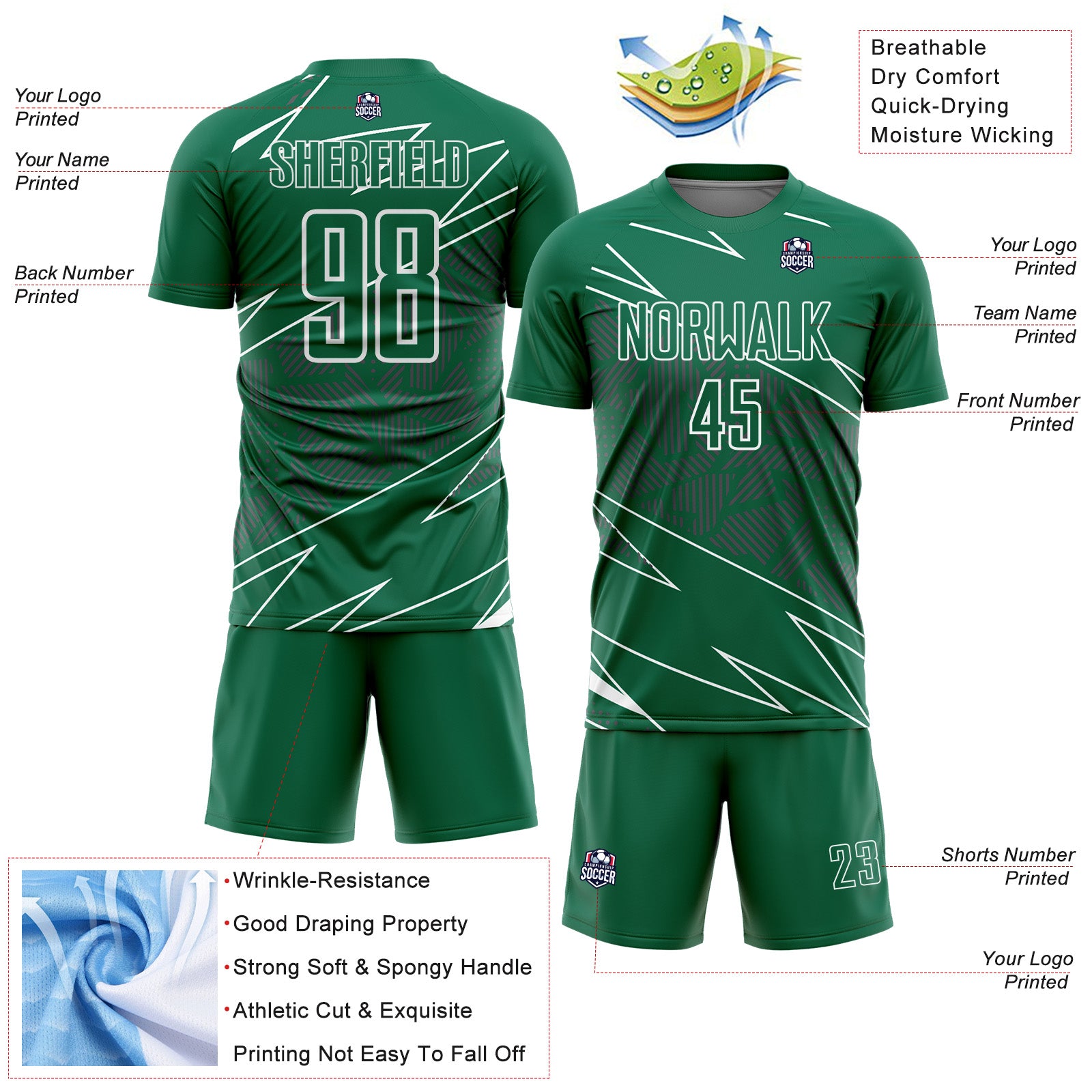 Custom Kelly Green White Lines Sports Sublimation Soccer Uniform Jersey