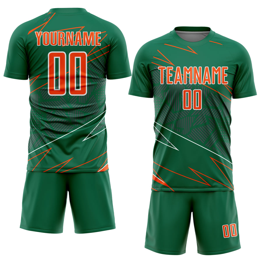 Custom Kelly Green Orange-White Lines Sports Sublimation Soccer Uniform Jersey