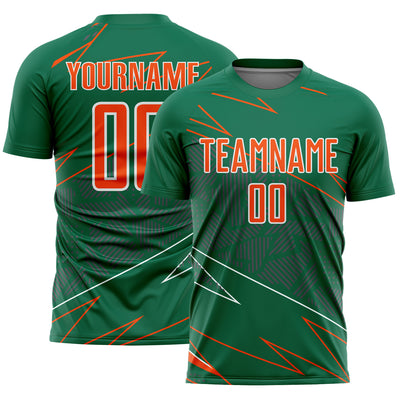 Custom Kelly Green Orange-White Lines Sports Sublimation Soccer Uniform Jersey