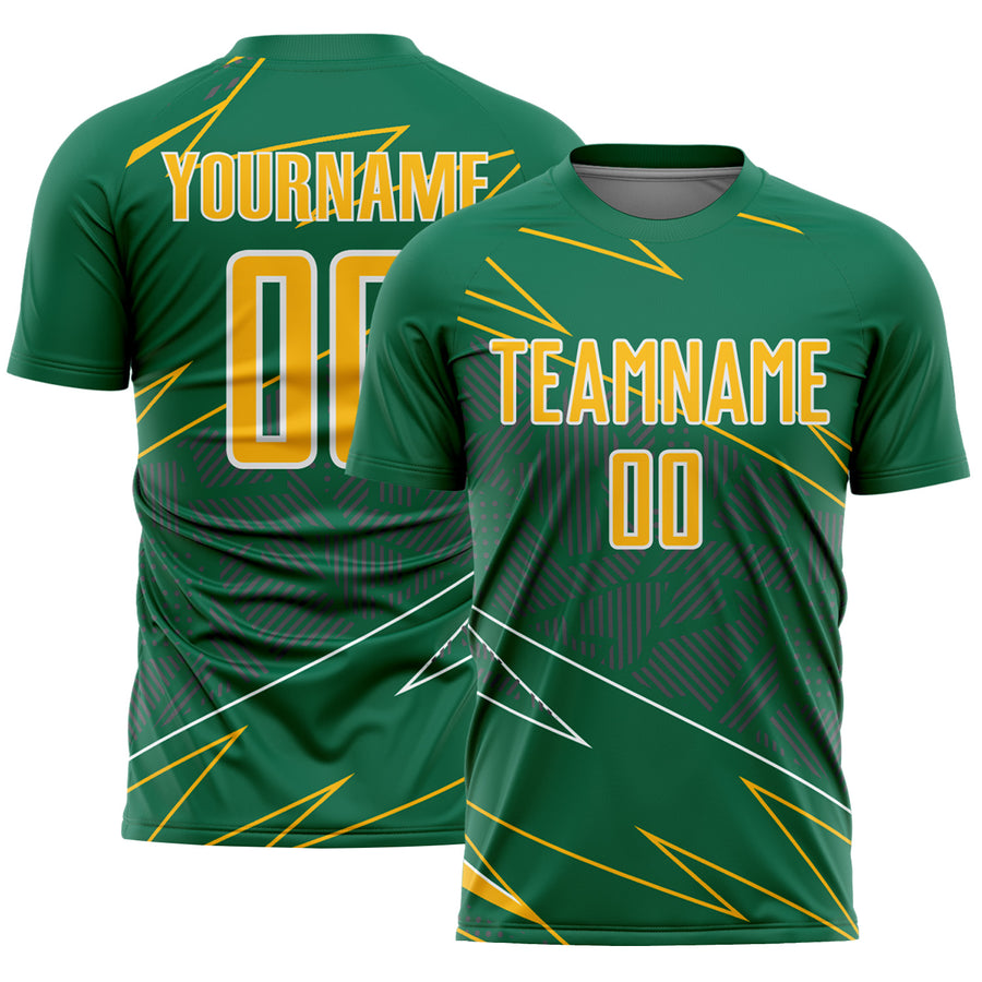 Custom Kelly Green Gold-White Lines Sports Sublimation Soccer Uniform Jersey