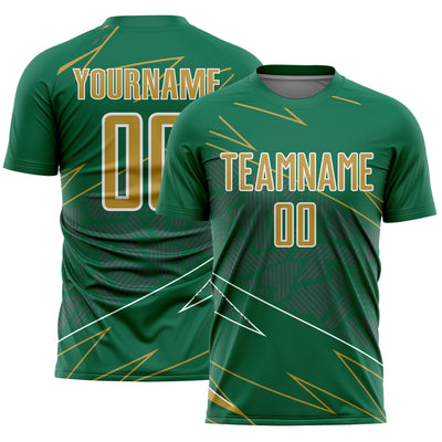 Custom Kelly Green Old Gold-White Lines Sports Sublimation Soccer Uniform Jersey
