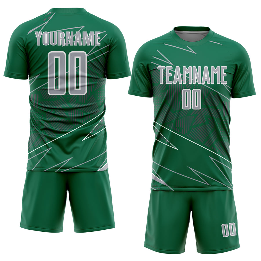 Custom Kelly Green Gray-White Lines Sports Sublimation Soccer Uniform Jersey
