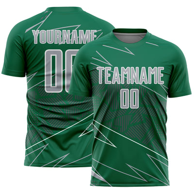 Custom Kelly Green Gray-White Lines Sports Sublimation Soccer Uniform Jersey