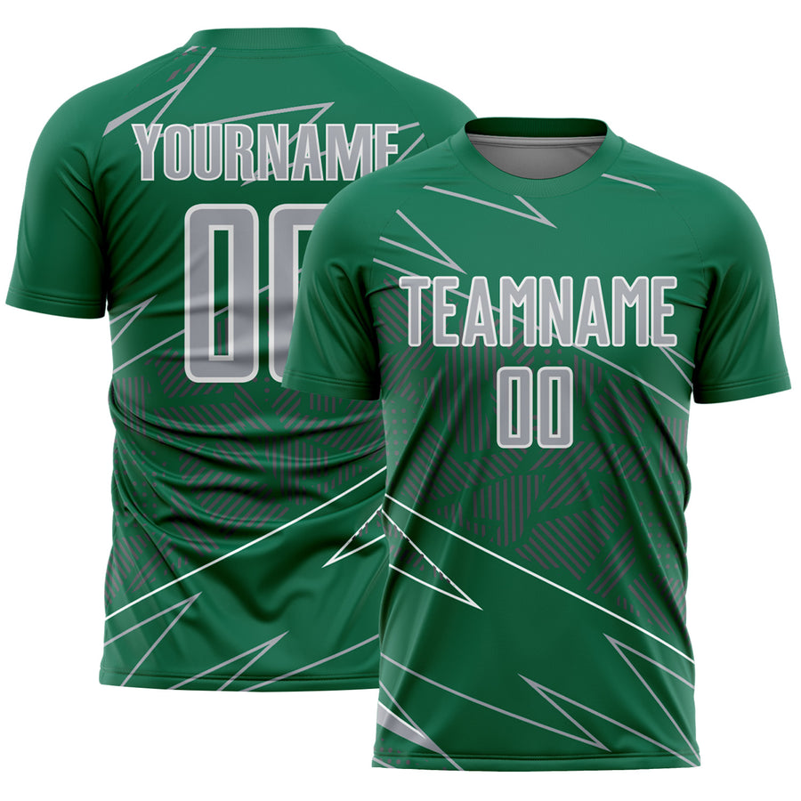 Custom Kelly Green Gray-White Lines Sports Sublimation Soccer Uniform Jersey