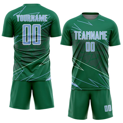 Custom Kelly Green Light Blue-White Lines Sports Sublimation Soccer Uniform Jersey