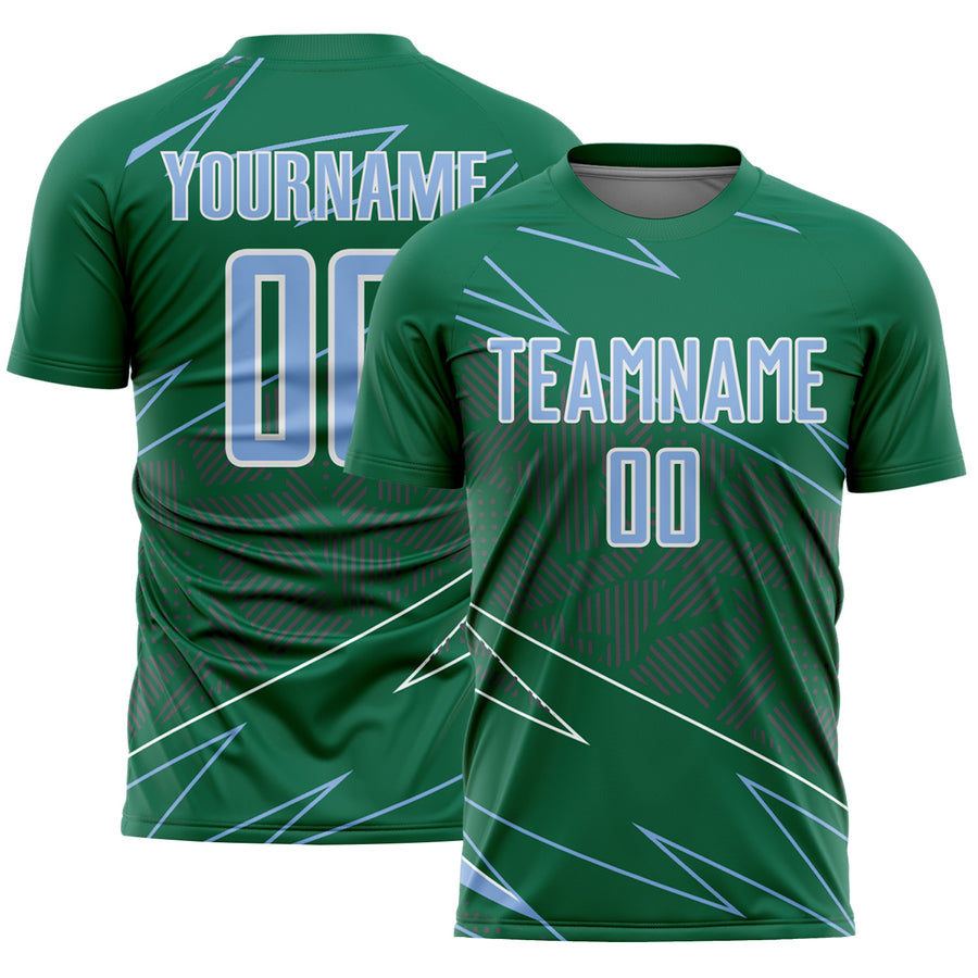 Custom Kelly Green Light Blue-White Lines Sports Sublimation Soccer Uniform Jersey