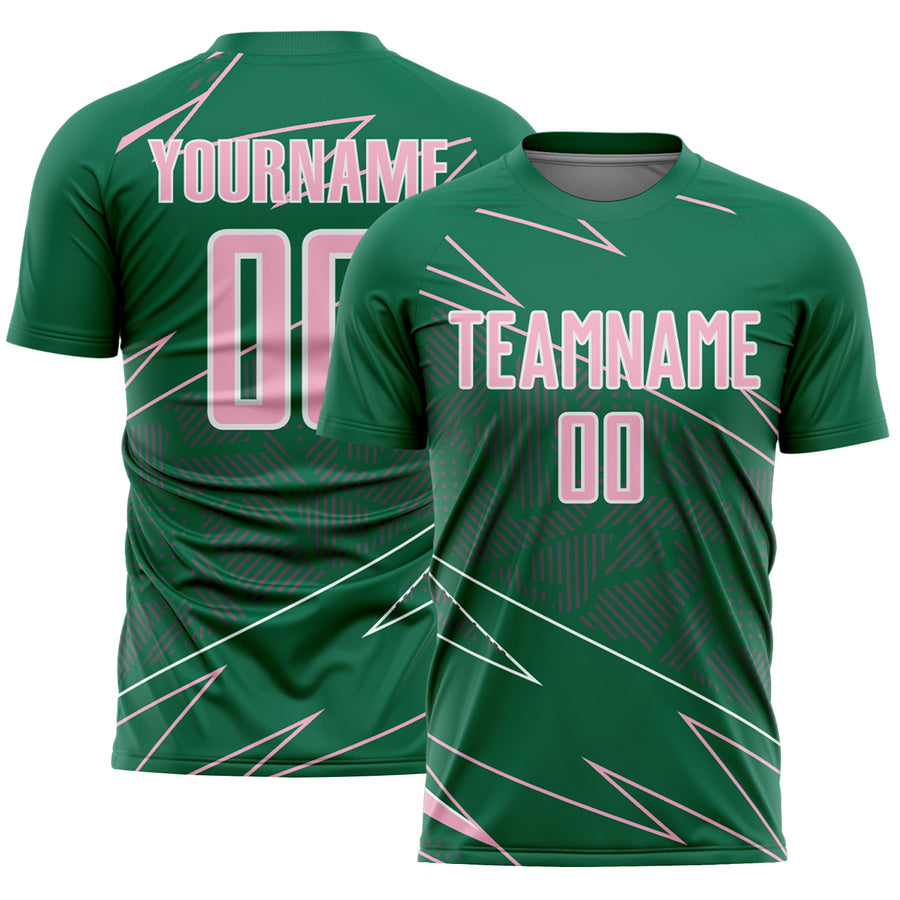 Custom Kelly Green Light Pink-White Lines Sports Sublimation Soccer Uniform Jersey