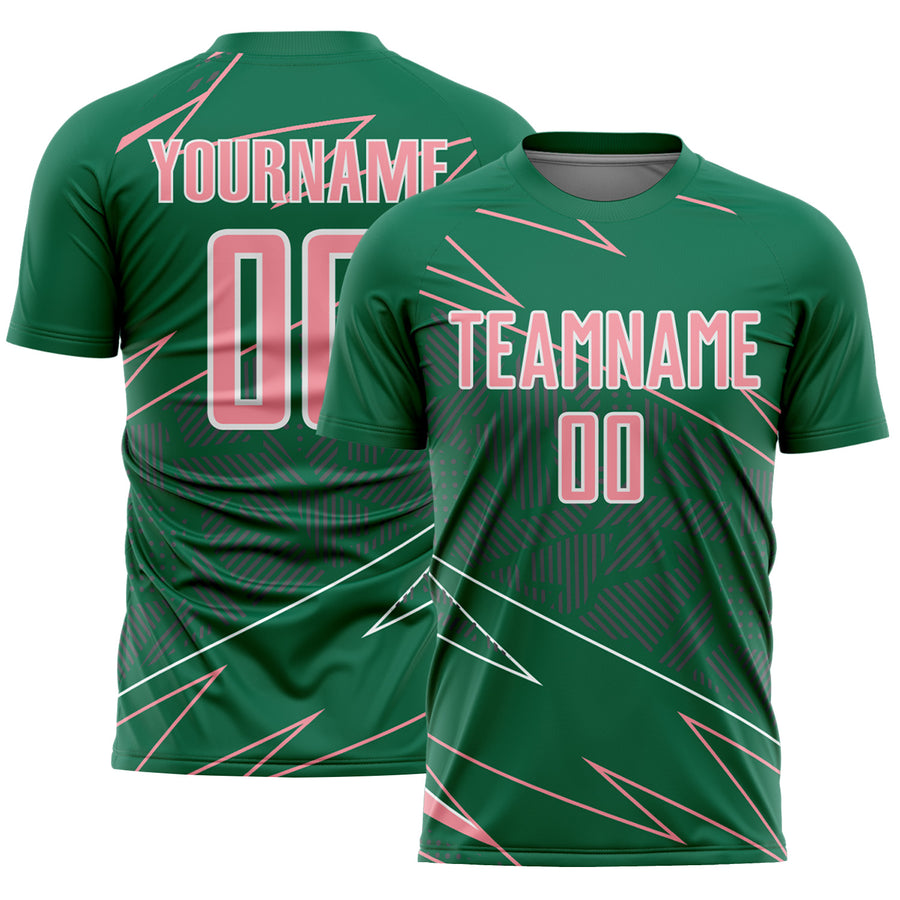Custom Kelly Green Medium Pink-White Lines Sports Sublimation Soccer Uniform Jersey