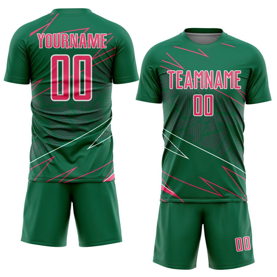 Custom Kelly Green Neon Pink-White Lines Sports Sublimation Soccer Uniform Jersey