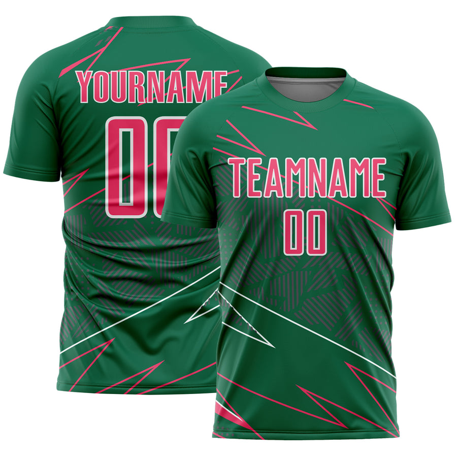 Custom Kelly Green Neon Pink-White Lines Sports Sublimation Soccer Uniform Jersey