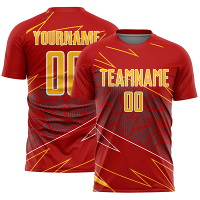 Custom Red Gold-White Lines Sports Sublimation Soccer Uniform Jersey