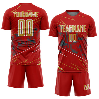 Custom Red Old Gold-White Lines Sports Sublimation Soccer Uniform Jersey