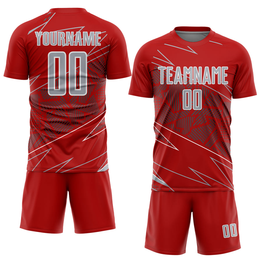 Custom Red Gray-White Lines Sports Sublimation Soccer Uniform Jersey