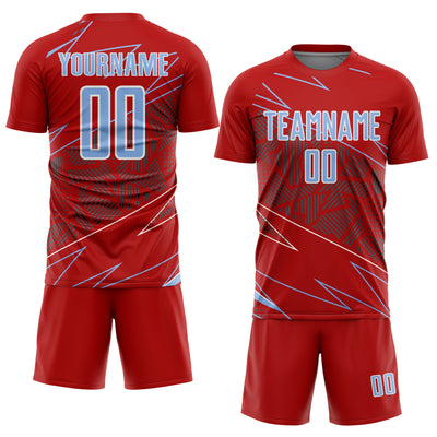 Custom Red Light Blue-White Lines Sports Sublimation Soccer Uniform Jersey