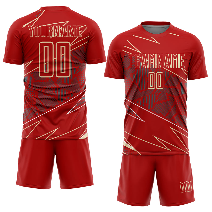 Custom Red Cream Lines Sports Sublimation Soccer Uniform Jersey