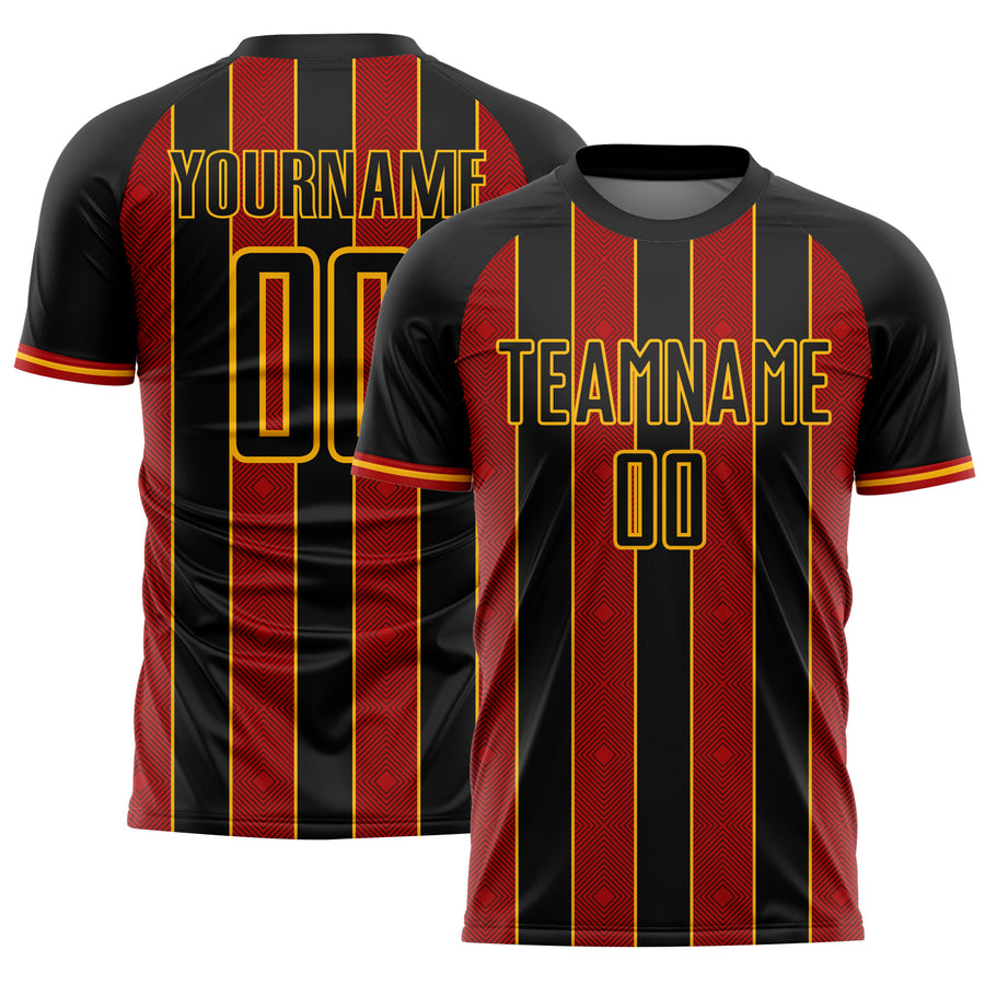 Custom Black Red-Gold Pinstripe Line Sports Sublimation Soccer Uniform Jersey