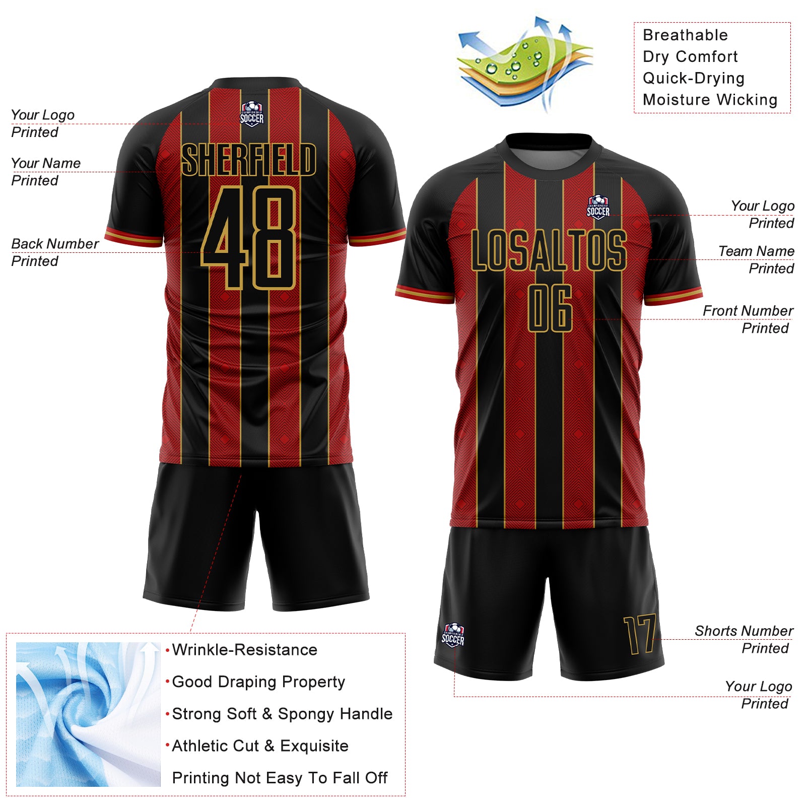 Custom Black Red-Old Gold Pinstripe Line Sports Sublimation Soccer Uniform Jersey
