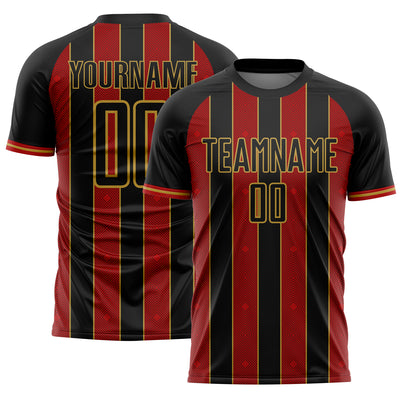 Custom Black Red-Old Gold Pinstripe Line Sports Sublimation Soccer Uniform Jersey