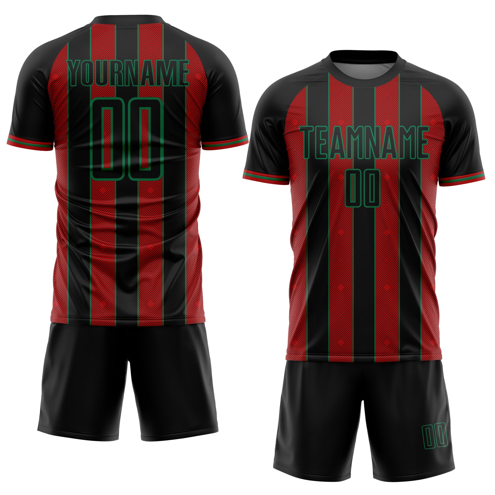 Custom Black Red-Kelly Green Pinstripe Line Sports Sublimation Soccer Uniform Jersey