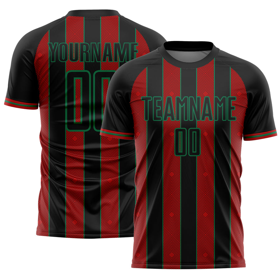 Custom Black Red-Kelly Green Pinstripe Line Sports Sublimation Soccer Uniform Jersey