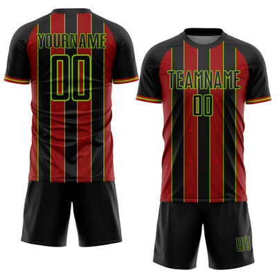 Custom Black Red-Neon Green Pinstripe Line Sports Sublimation Soccer Uniform Jersey