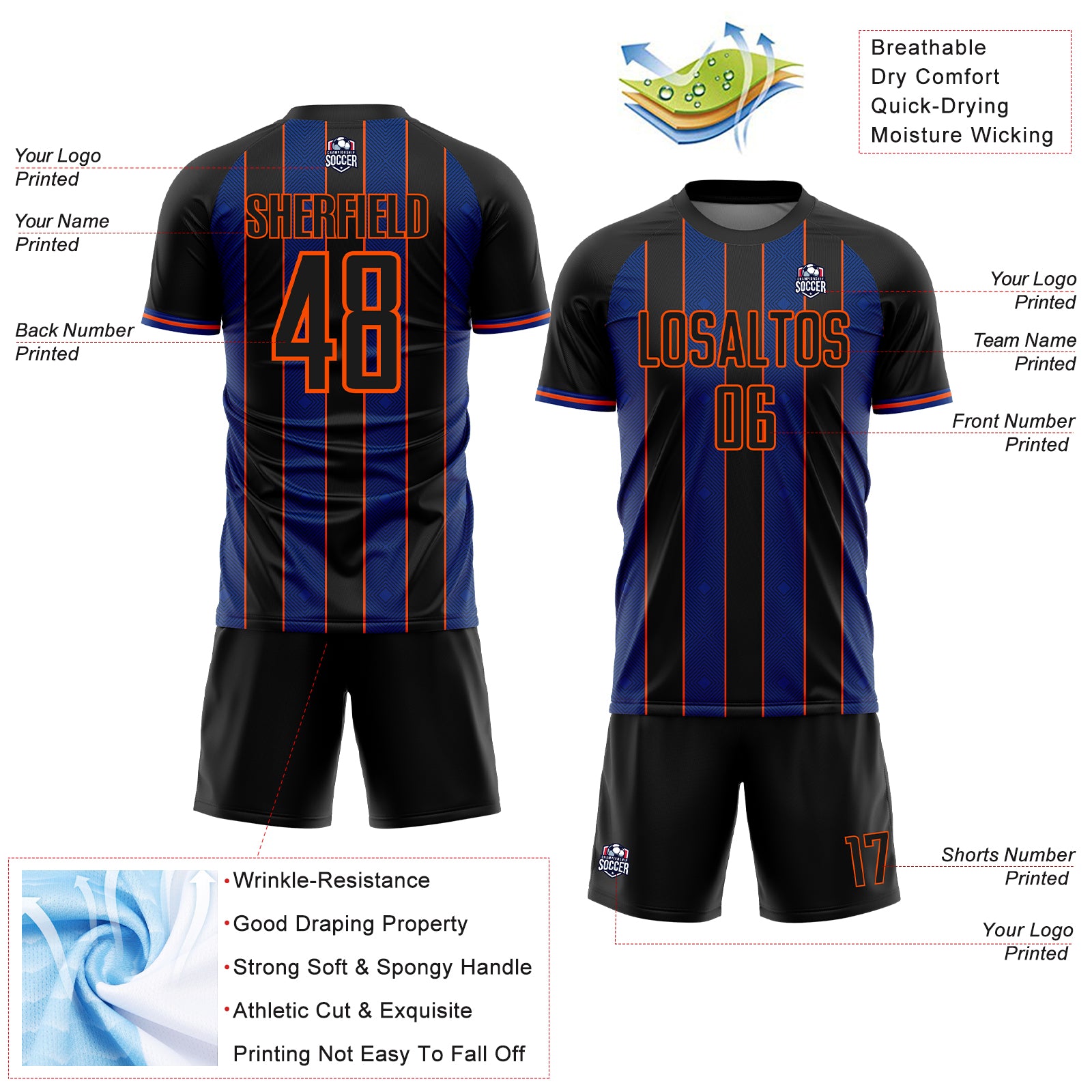 Custom Black Royal-Orange Pinstripe Line Sports Sublimation Soccer Uniform Jersey
