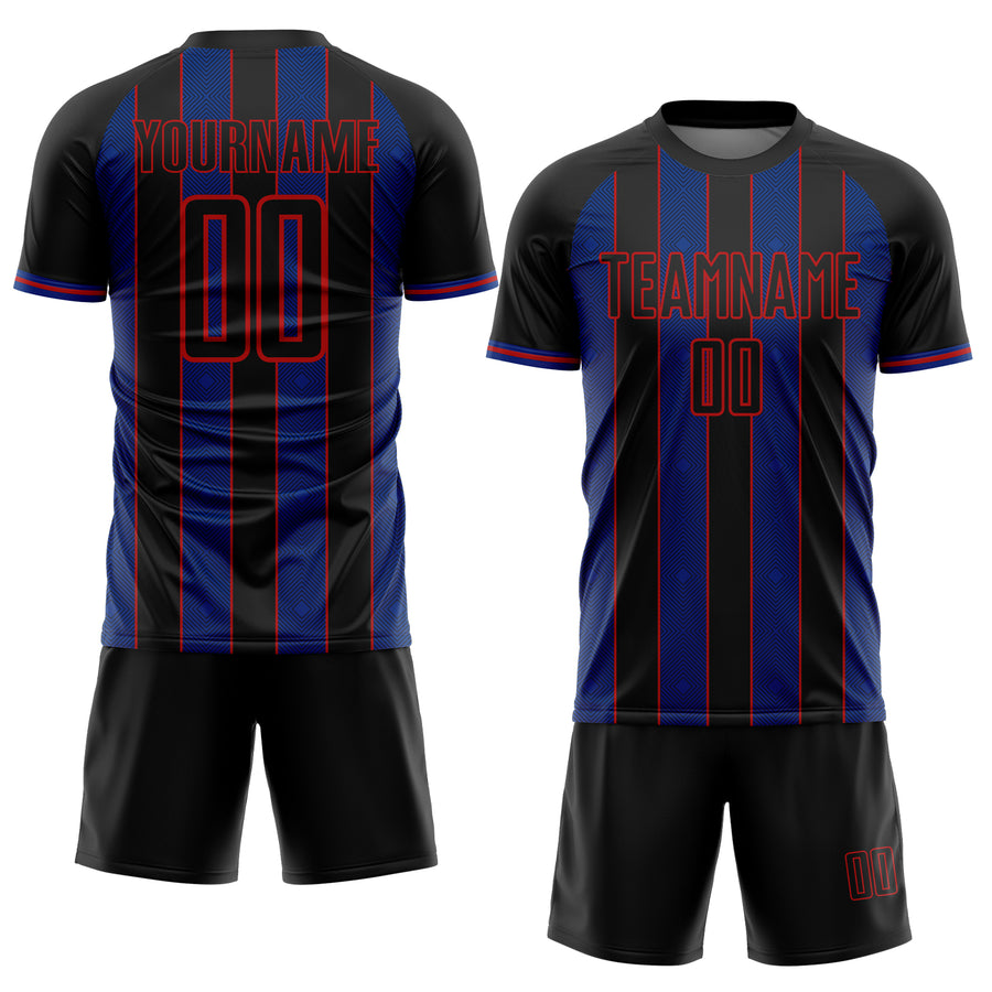 Custom Black Royal-Red Pinstripe Line Sports Sublimation Soccer Uniform Jersey