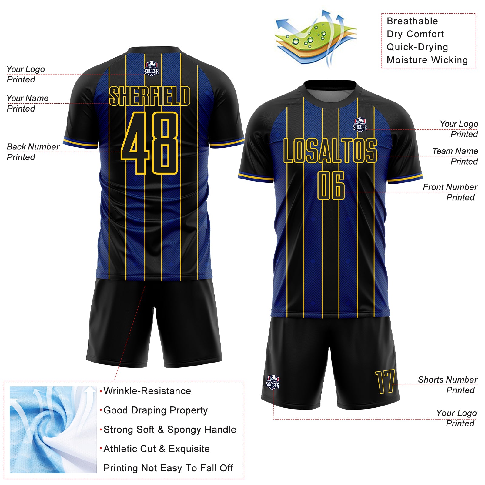 Custom Black Royal-Yellow Pinstripe Line Sports Sublimation Soccer Uniform Jersey