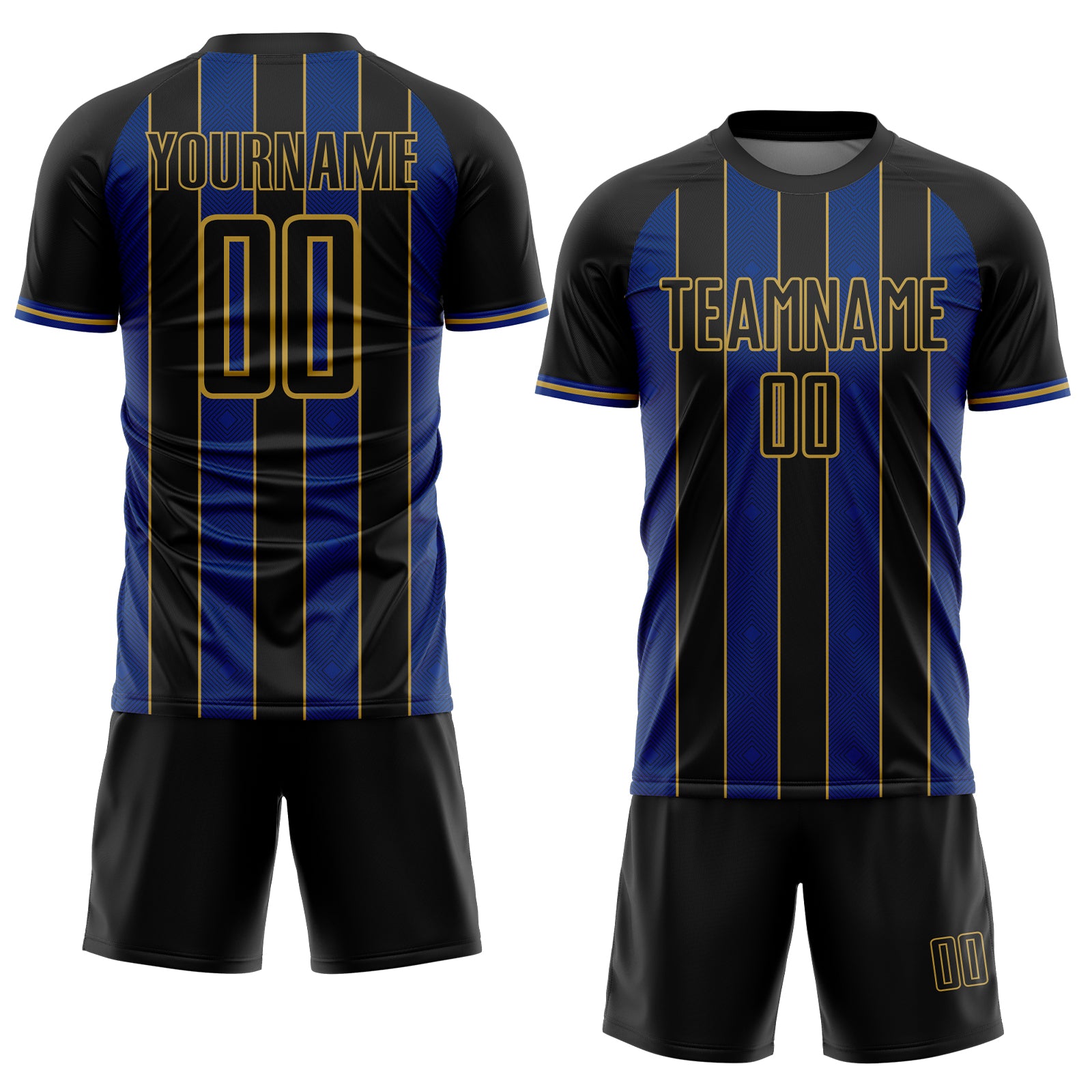 Custom Black Royal-Old Gold Pinstripe Line Sports Sublimation Soccer Uniform Jersey