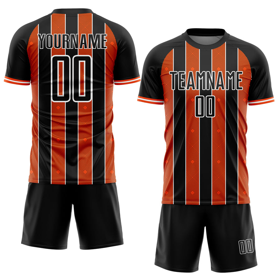 Custom Black Orange-White Pinstripe Line Sports Sublimation Soccer Uniform Jersey