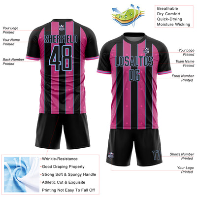 Custom Black Pink-Light Blue Pinstripe Line Sports Sublimation Soccer Uniform Jersey