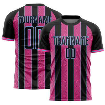 Custom Black Pink-Light Blue Pinstripe Line Sports Sublimation Soccer Uniform Jersey
