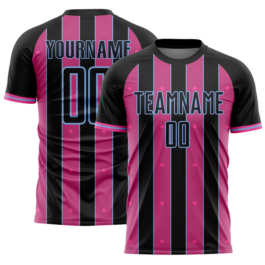 Custom Black Pink-Light Blue Pinstripe Line Sports Sublimation Soccer Uniform Jersey