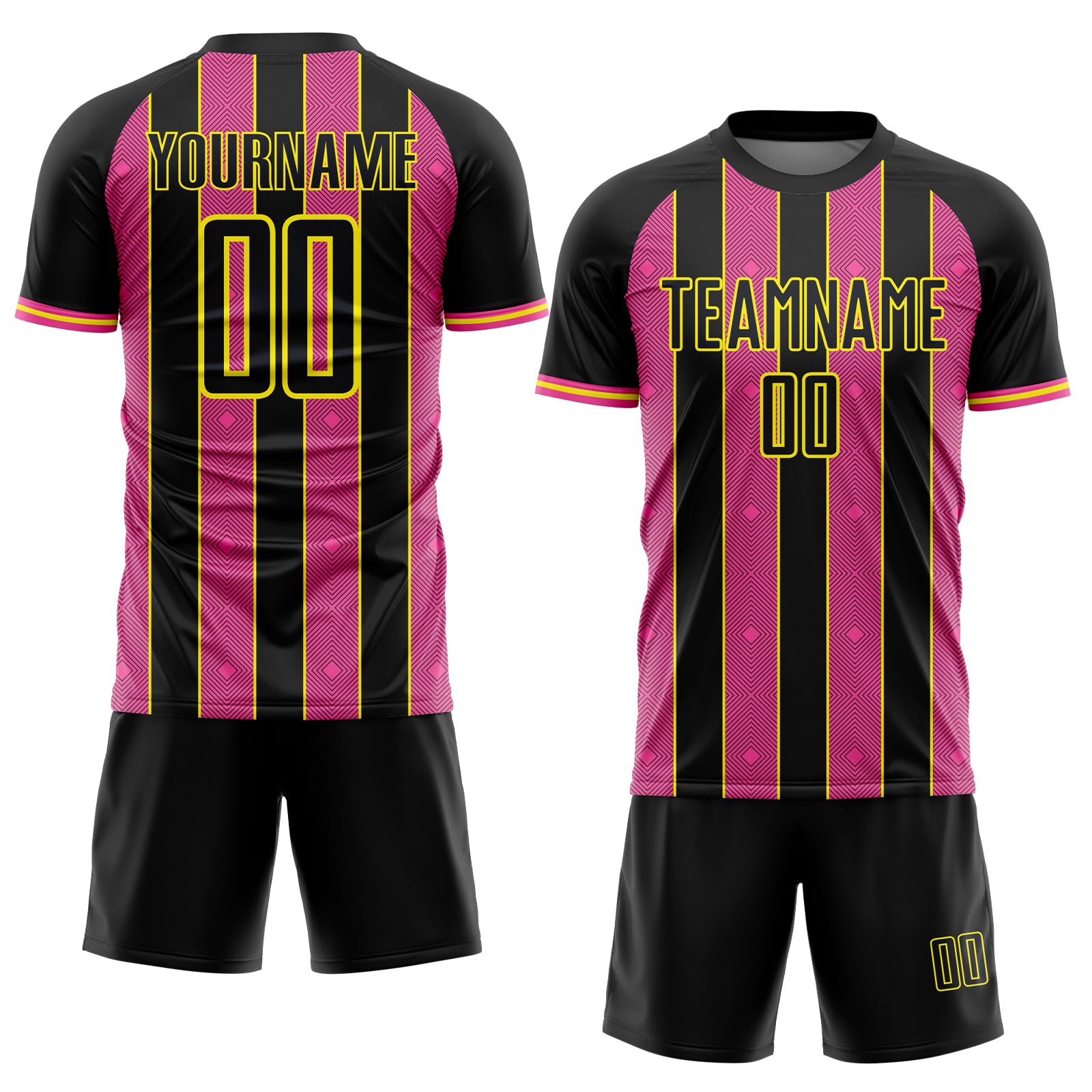 Custom Black Pink-Light Yellow Pinstripe Line Sports Sublimation Soccer Uniform Jersey