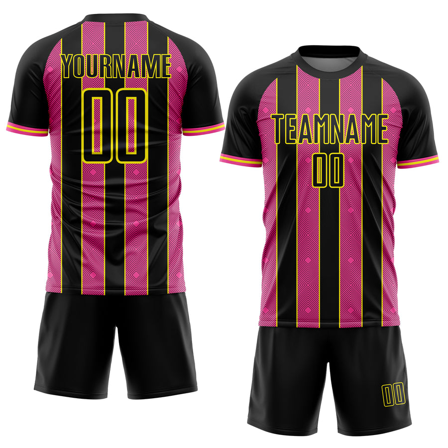 Custom Black Pink-Light Yellow Pinstripe Line Sports Sublimation Soccer Uniform Jersey