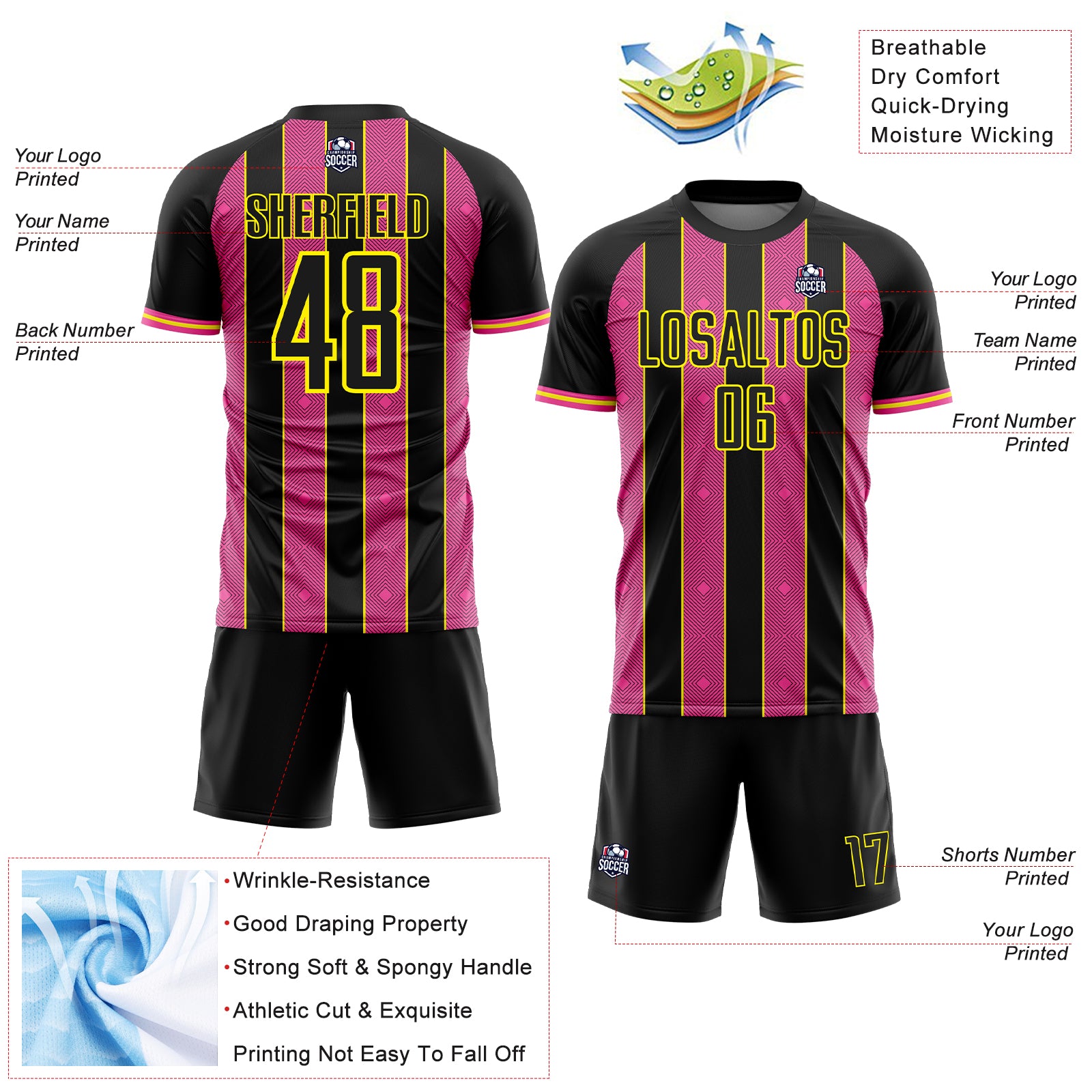 Custom Black Pink-Light Yellow Pinstripe Line Sports Sublimation Soccer Uniform Jersey