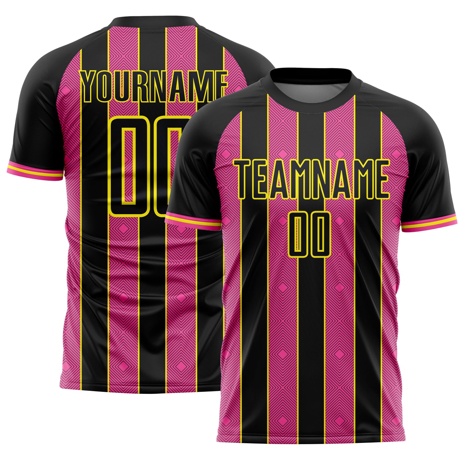 Custom Black Pink-Light Yellow Pinstripe Line Sports Sublimation Soccer Uniform Jersey