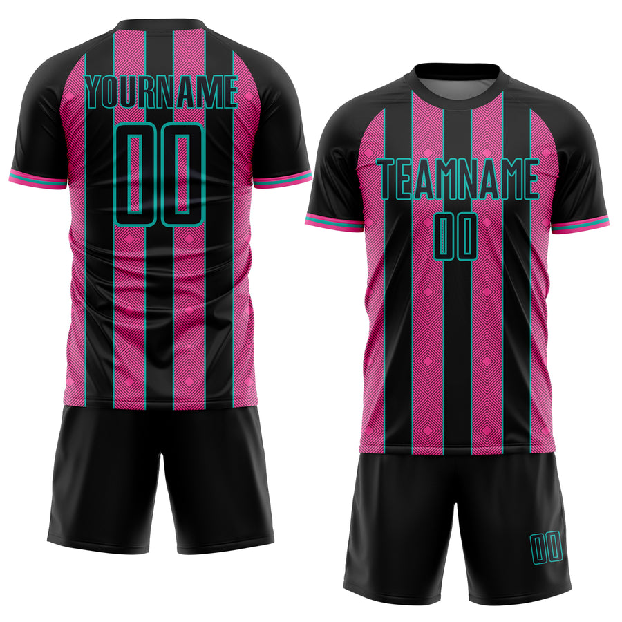 Custom Black Pink-Aqua Pinstripe Line Sports Sublimation Soccer Uniform Jersey