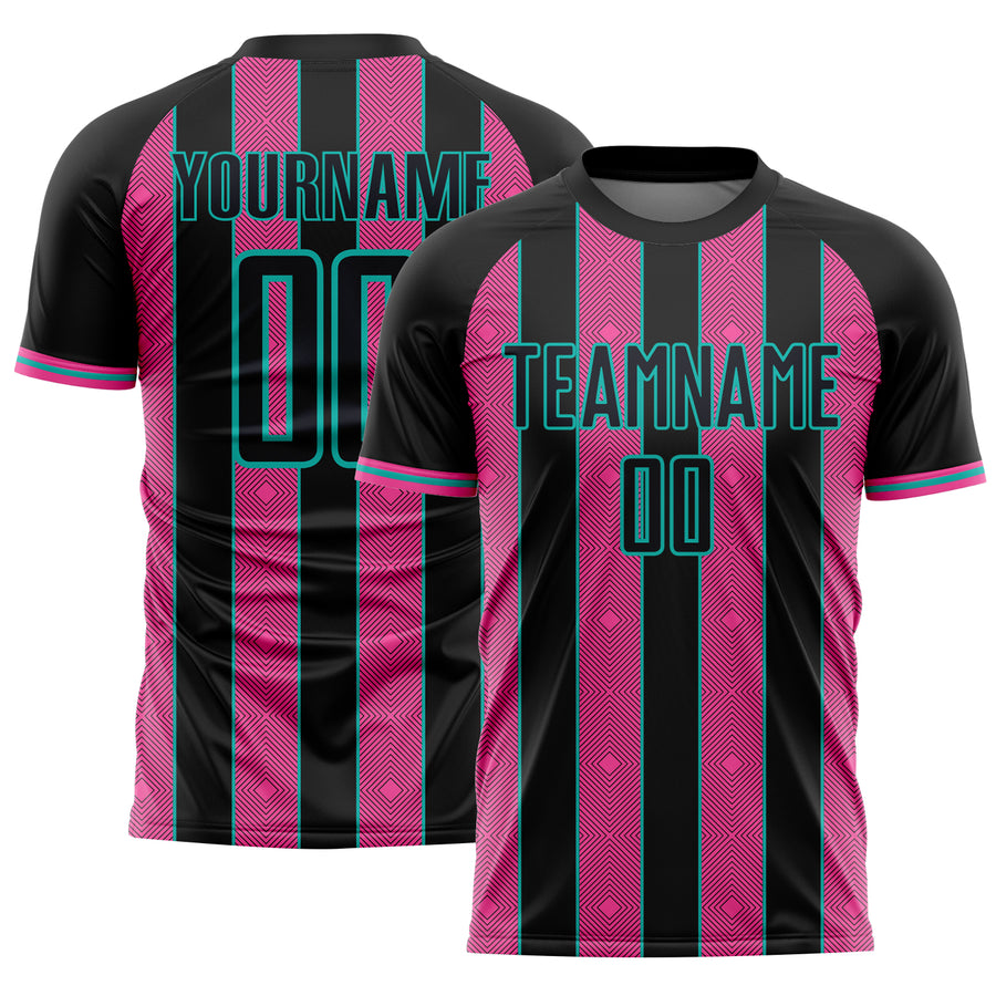 Custom Black Pink-Aqua Pinstripe Line Sports Sublimation Soccer Uniform Jersey