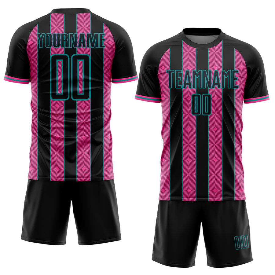 Custom Black Pink-Teal Pinstripe Line Sports Sublimation Soccer Uniform Jersey