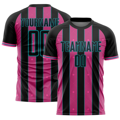 Custom Black Pink-Teal Pinstripe Line Sports Sublimation Soccer Uniform Jersey