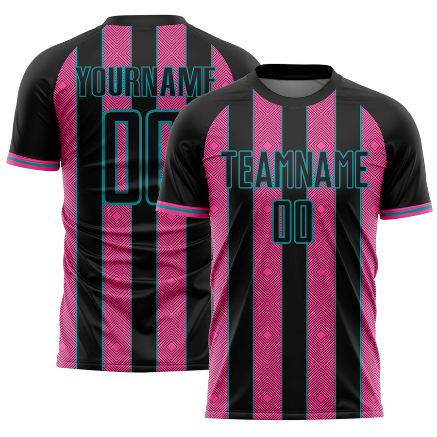 Custom Black Pink-Teal Pinstripe Line Sports Sublimation Soccer Uniform Jersey
