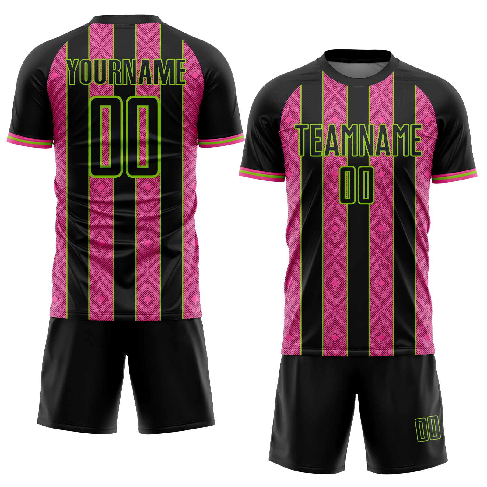 Custom Black Pink-Neon Green Pinstripe Line Sports Sublimation Soccer Uniform Jersey