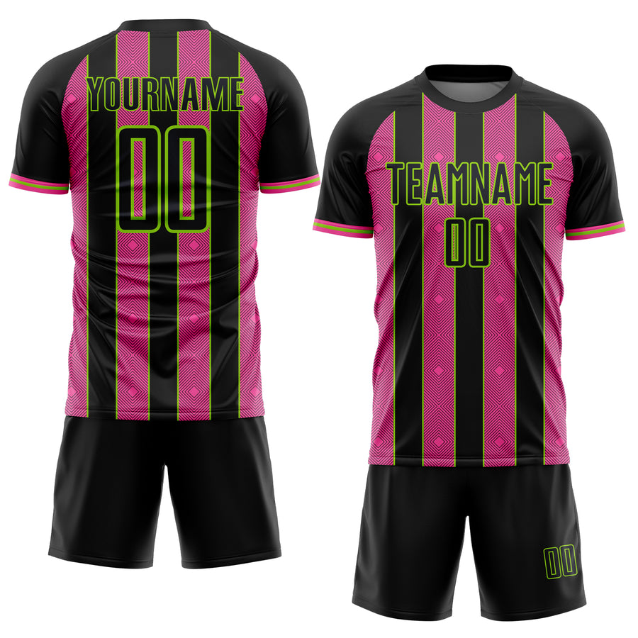 Custom Black Pink-Neon Green Pinstripe Line Sports Sublimation Soccer Uniform Jersey