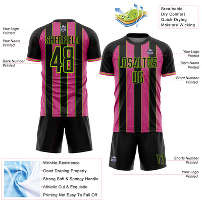 Custom Black Pink-Neon Green Pinstripe Line Sports Sublimation Soccer Uniform Jersey