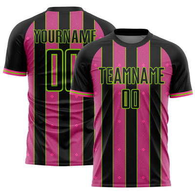 Custom Black Pink-Neon Green Pinstripe Line Sports Sublimation Soccer Uniform Jersey