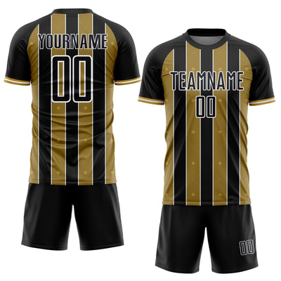 Custom Black Old Gold-White Pinstripe Line Sports Sublimation Soccer Uniform Jersey