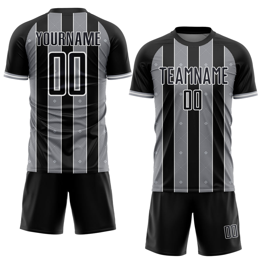 Custom Black Gray-White Pinstripe Line Sports Sublimation Soccer Uniform Jersey
